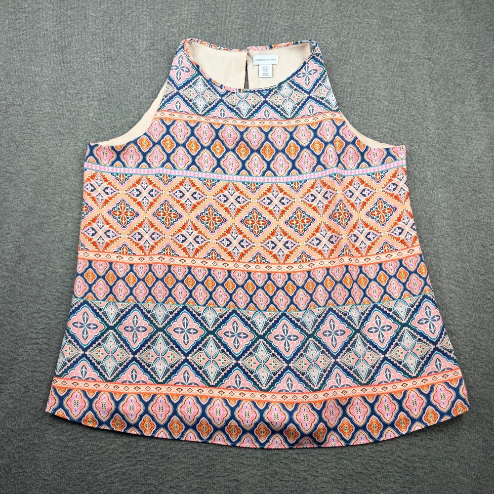 Adrienne Vittadini Sleeveless Halter Top Womens XL Blue Pink Geometric Medallion